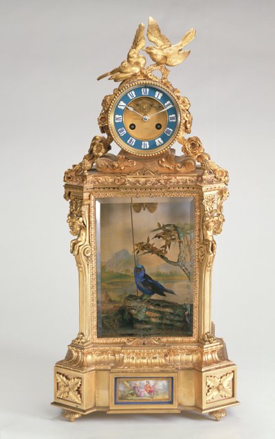 Reloj de chimenea, porcelana montada en bronce dorado, con autómata de pájaro cantor, francés de Unbekannt