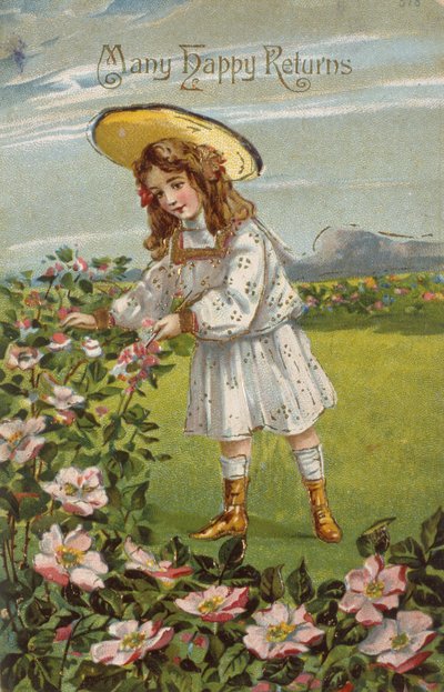 "Muchas felicidades", tarjeta de cumpleaños victoriana (cromolito) de Unbekannter Künstler