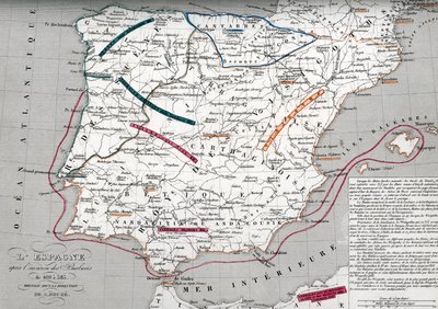 Mapa de España en tiempos de la Hispania germánica, 409-585 (Mapa de España en tiempos de la Hispania germánica) Grabado del "Atlas Universel" de Houze de Unbekannter Künstler