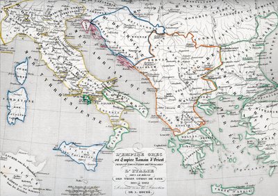 Mapa del Imperio bizantino durante la ocupación de Bulgaria e Italia durante el reinado de Otón I, Otón II y Otón III emperador del Sacro Imperio Romano Germánico de Unbekannter Künstler