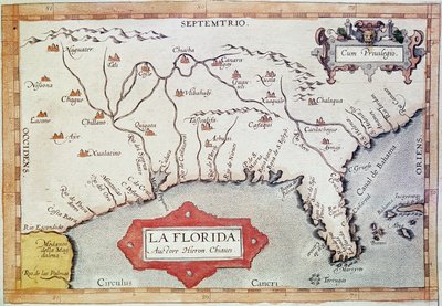 Cartografía de "Florida". Podemos ver el Trópico de Cáncer, las Bahamas y las islas Tortugas. En el "Teatrum Orbis Terrarum"" del cartógrafo Abraham Ortelius (1527-1598) de Unbekannter Künstler