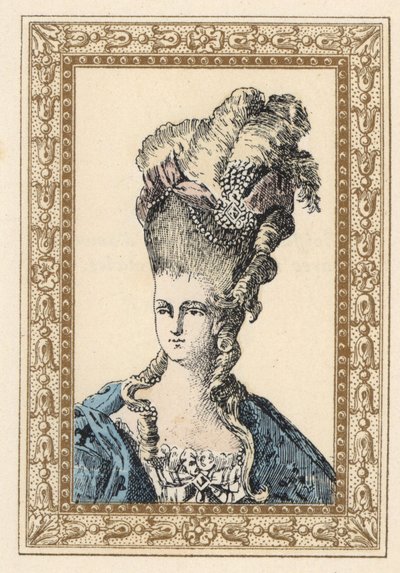 María Antonieta, esposa del rey Luis XVI de Francia, con un elaborado peinado coronado con cintas y perlas de Unbekannter Künstler