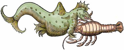 Dragón marino y crustáceo gigante, xilografía extraída de "Paralipomena accuratissima historiae omnium animalium quae in voluminibus Aldrovandi desiderantur/Bartholomaeus Ambrosinus... summo labore collegit; Marcus Antonius Berna bibliopola bononiensis p de Unbekannter Künstler