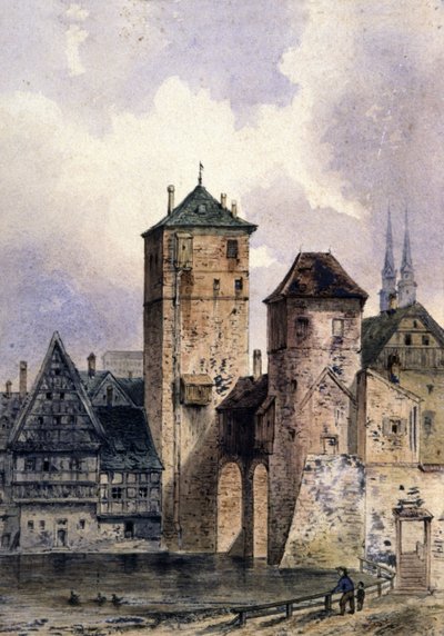 Ciudad medieval a orillas del Rin, hacia 1850-1900 (acuarela) de Unbekannter Künstler
