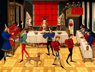 Servicio de mesa medieval: una dama del siglo XV a la que sus criados sirven la cena de Unbekannter Künstler