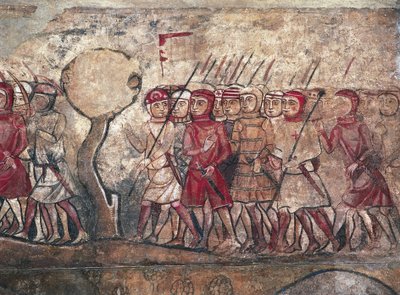 Asamblea militar presidida por el rey Jaime I de Aragón, conocido como el Conquistador, fresco del Palau Reial Major, Barcelona de Unbekannter Künstler
