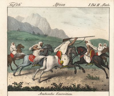 Ejercicios militares, carga de jinetes árabes. Litografía para el libro: "Galerie complete en tableaux fideles des peuples d