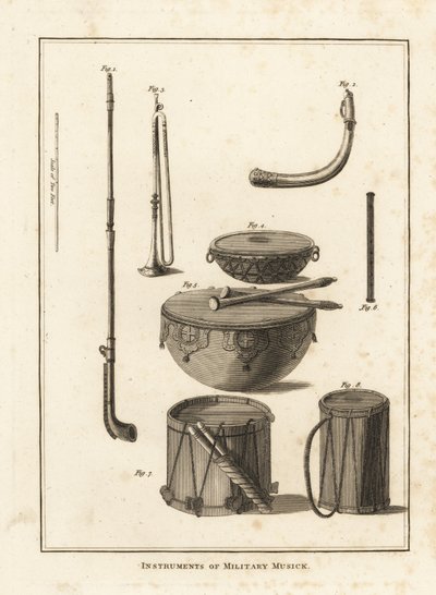 Instrumentos musicales militares: trompeta, cuerno, pífano, tambor de caldero, tambor lateral de Unbekannt