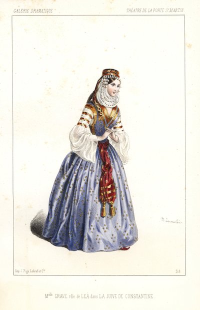 Angelina Grave en el papel de Lea en La Jeive de Constantine de Theophile Gaultier y Noel Parfait, Teatro de la Porte St. de Unbekannter Künstler