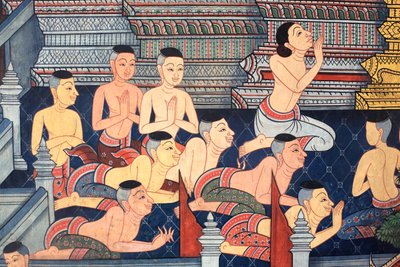 Monjes. Detalle mural en las paredes interiores del Vihara de la era del rey Rama III que representa el Ramakian. Wat Pho - Wat Phra Chettuphon. 1788. Bangkok. Tailandia de Unbekannt