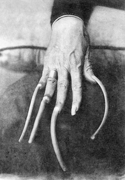Particularidad monstruosa: una mano con uñas muy largas. China 1910 about Foto histórica, uñas largas, China, ca. 1910 de Unbekannter Künstler