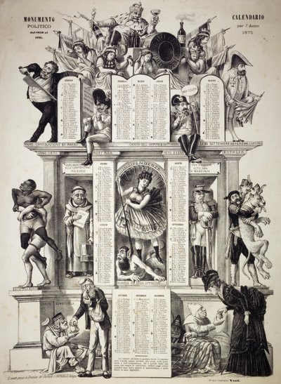 Calendario político monumental, año 1875, por Giorgio Ansaldi también conocido como Dalsani (1844-1922), abajo a la izquierda, inscripción manuscrita de Grossi Augusto, fundador del periódico satírico Il Pappagallo (El Loro), Italia de William M. Timlin