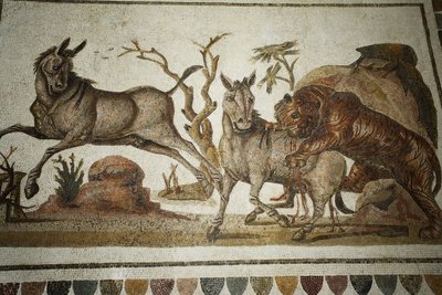 Mosaico de lucha de animales: tigre atacando a dos primates nocturnos. Siglo II d.C./Museo de El Jem (Antigua Thysdrus)/Túnez de Unbekannt