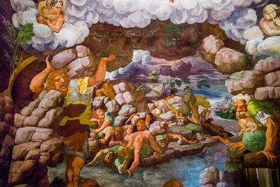 El fresco más famoso del Manierismo: La ilusión de Giulio Romano inventa una cúpula y disuelve la arquitectura de la sala en la caída de los gigantes, Sala de los Gigantes de Unbekannter Künstler