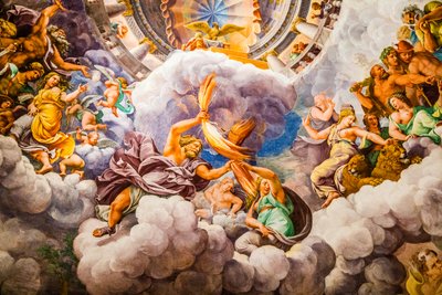 El fresco más famoso del Manierismo: La ilusión de Giulio Romano inventa una cúpula y disuelve la arquitectura de la sala en la caída de los gigantes, Sala de los Gigantes de Unbekannter Künstler