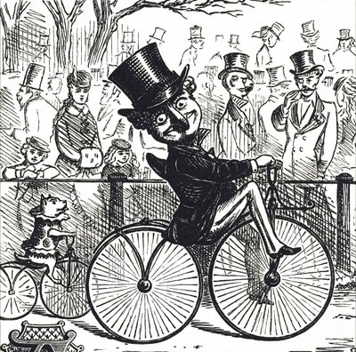 Mr. Punch y el perro Toby montando bicicletas antiguas de Unbekannt
