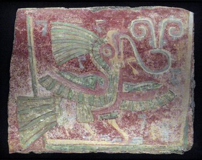 Fragmento mural de un quetzal con virgula cantando, período Clásico Temprano, 200-600 d.C. de Unbekannt