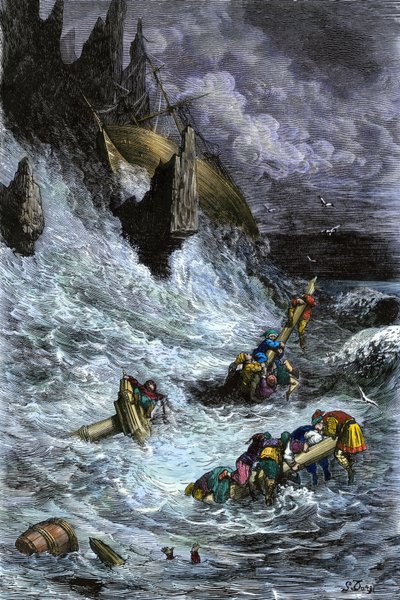 Mitos y leyendas: Simbad (Sindbad) y sus compañeros después de las 1001 noches (mil y una noches). Grabado en color de Gustave Dore. de Unbekannter Künstler
