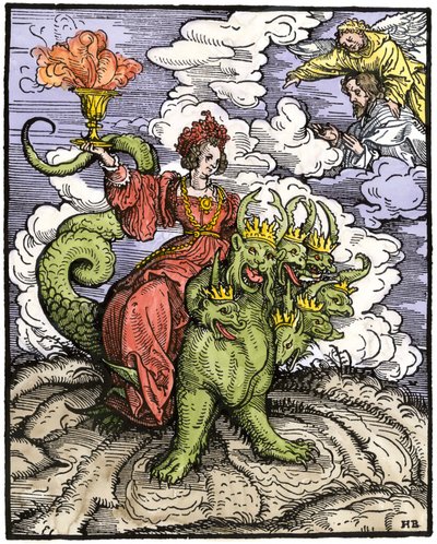 Mitos y leyendas: La Gran Prostituta de Babilonia cabalgando el dragón de 7 cabezas. Grabado coloreado del Nuevo Testamento. impreso en Augsburgo de Unbekannter Künstler