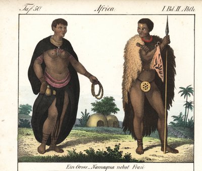 Pareja Nama (Sudáfrica). Litografía para el libro: "Galerie complete en tableaux fideles des peuples d
