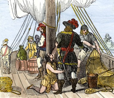 Población nativa de América: indios. Pocahontas capturada a bordo de un barco de Jamestown. Grabado en color del siglo XIX. de Unbekannter Künstler