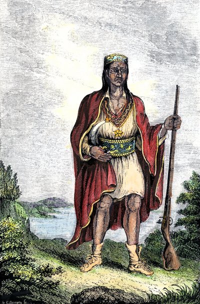 Población nativa de América: indios de Estados Unidos. Metacomet (c. 1639-1676), también conocido como Rey Felipe o Metacom, jefe de los wampanoag (Massachusetts, Nueva Inglaterra). Grabado en color. de Unbekannter Künstler