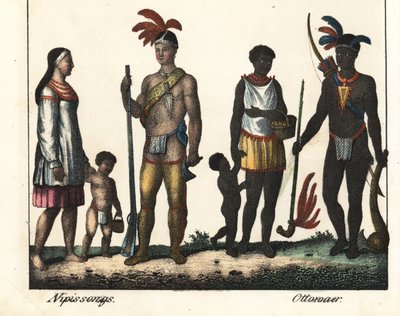 Nativos de Canadá: una familia de indios del lago Nipissing y una familia de indios de la zona de Ottawa. Litografía para el libro: "Galerie complete en tableaux fideles des peuples d