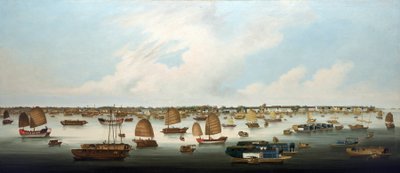 Navegación por el río Perla (o Zhu Jiang, río Cantón), frente a la costa de la isla de Henan, con vistas a las fábricas europeas de Cantón (China). de Unbekannter Künstler