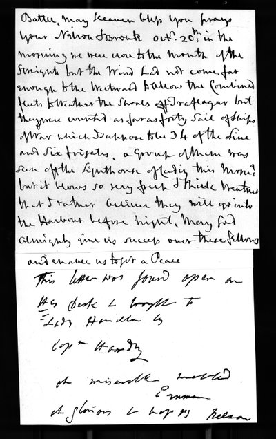 Última carta de Nelson a Lady Hamilton desde su barco HMS 