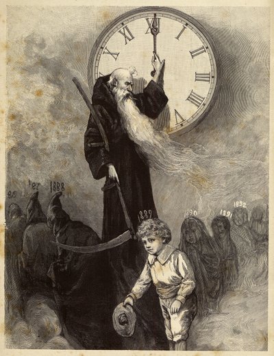 Alegoría de Año Nuevo 1889 que representa una vieja bóveda, símbolo del año viejo, dando paso a un sonriente niño que simboliza el Año Nuevo. El tiempo contempla la escena haciendo girar las manecillas de un reloj. Grabado del siglo XIX de Unbekannter Künstler