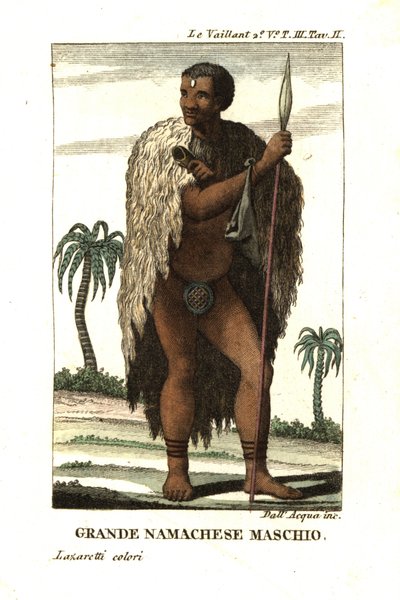Noble namaqua de Sudáfrica. Lleva una capa de piel y una bragueta, y sostiene una lanza.de Francois Le Vaillant (Levaillant de Unbekannter Künstler