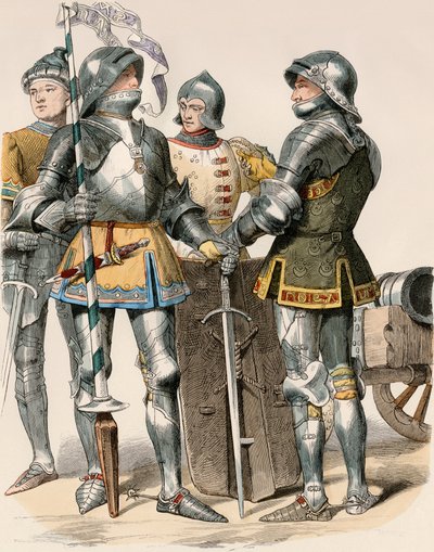 Nobles caballeros del Duque de Bougogne (Francia), con armadura y armas, con un cañón de Unbekannter Künstler