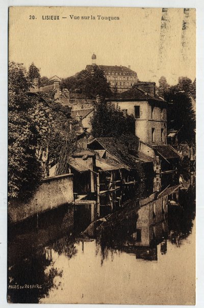 Normandía, Calvados (14), Lisieux: casas al borde del Touques - Postal fechada en 1934 de William M. Timlin