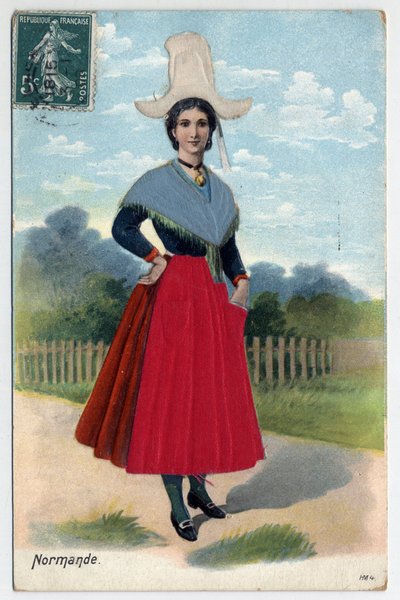 Normandía: retrato de una mujer normanda con vestido y tocado tradicional - Postal de finales del siglo XIX-XX de Unbekannt