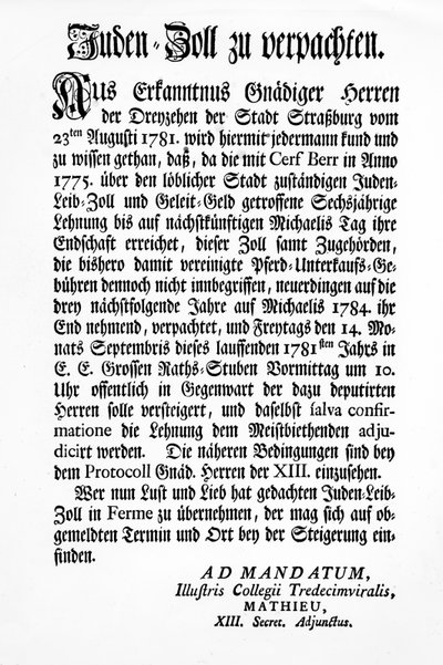 Notificación del Cuerpo Gobernante de Estrasburgo de los Trece (Tredecim Viri) de una subasta pública del derecho a recaudar el 