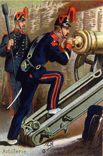 O: Artillería. Grabado en "Alfabeto Militar". Iniciales del ilustrador: A. D. Editor desconocido. Cromolitografías finales del siglo XIX. de Unbekannt