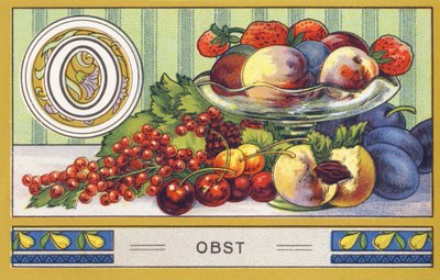 O: Obst - Alfabeto Palmin. Serie de cromolitografías editadas por H. Schlinck & Cie, Hamburgo. Publicidad para Palmin feinstes Cocosfett. Dimensiones: 7 x 11 cm de William M. Timlin