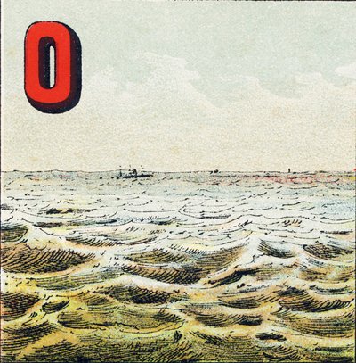 O: Océano. Inmensurable extensión de agua que rodea la Tierra. El agua del océano es salada; el hombre no puede beberla - Grabado extraído de Alfabeto geográfico. Guerin-Muller et Cie, editores, París de Unbekannt