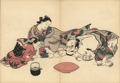 Cortesana de Oiran observando una prueba de fuerza entre su kamuro (criada) y Kinpira, el famoso hombre fuerte. Delante, una jarra de sake y un cuenco para beber. Grabado xilográfico de Masanobu Okumura (1686-1764) de Fuzoku Emakimono, Pergamino pictórico  de Unbekannter Künstler