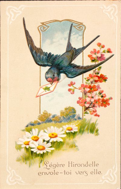 Tarjeta postal antigua / Golondrina / Mensaje de Unbekannt