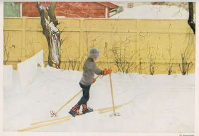 Uno de los hijos del ilustrador sueco Carl Larsson aprendiendo a moverse en esquís. Dibujo de "Das haus in der sonne" 1921 de Unbekannt