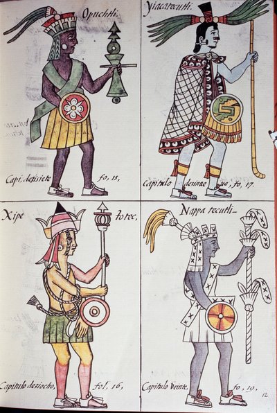 Opochtli, Xipe Totec, Yacatecuhtli y Nappatecutli, Página del Códice Florentino, Versión en español y náhuatl, Historia General de las Cosas de la Nueva España, Azteca de Benjamin Baud
