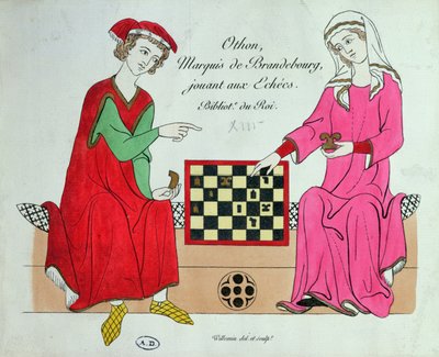 Otto IV, Marqués de Brandeburgo, jugando al ajedrez con una dama, ilustración de un facsímil del Códice Manesse o Grosse Heidelberger Liederhandschrift, hecho en Zúrich c.1305-40 (litografía en color) de Unbekannt