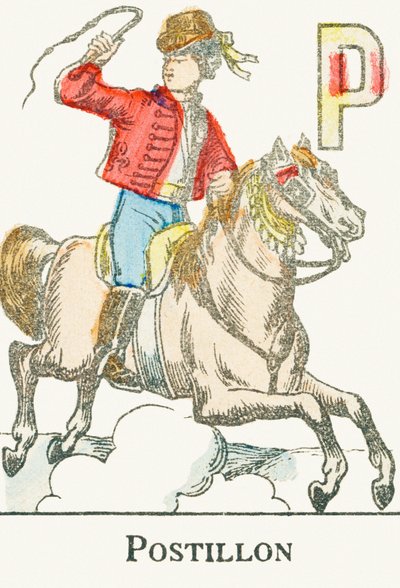 P: Postillón, un joven jinete con traje de cosaco - Grabado extraído de "Alfabeto de los juegos", circa 1890 de Unbekannt