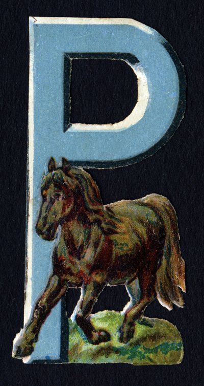 P de Pony. Escarabajo decoupis sobre el tema de los animales. Grabado. Serie de 26 cromolitografías de gofre de origen inglés. Editor e ilustrador desconocidos. Finales del siglo XIX. de Unbekannt