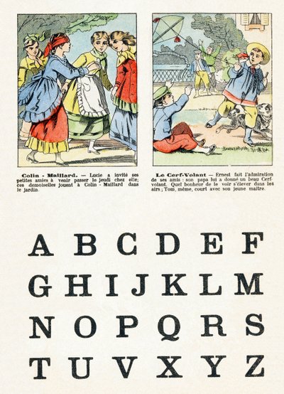 Página 1 - Juegos de niños: colin maillard, la cometa - Alfabeto - Diversiones infantiles - Imágenes de Epinal, serie popular, circa 1890 de Unbekannt