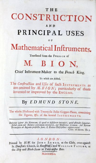 Página de título del libro de Nicolas Bion sobre los instrumentos matemáticos, traducción inglesa, con añadidos de las "mejoras inglesas", editado en Londres en 1723 de Unbekannt