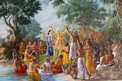 Pintura en Bhaktivedanta Manor que representa al Señor Caitanya, al Señor Nityananda y a sus seguidores en las orillas del río Ganges de Unbekannt