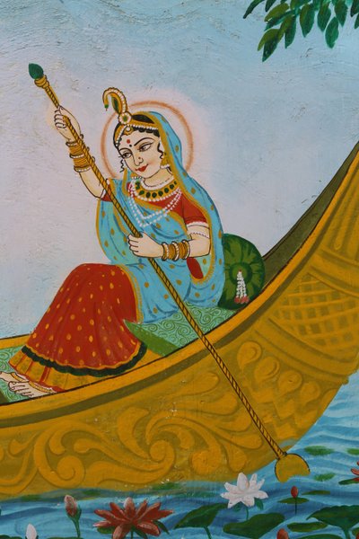 Pintura que representa a Sri Radha (consorte de Krishna) remando en un bote, India de Unbekannt