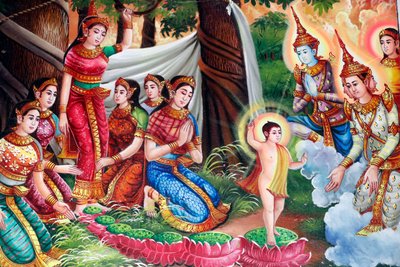 Pintura que representa la historia de la vida de Shakyamuni Buda. Nacimiento de Buda en el bosque de Lumbini. Kep, Camboya. de Unbekannt